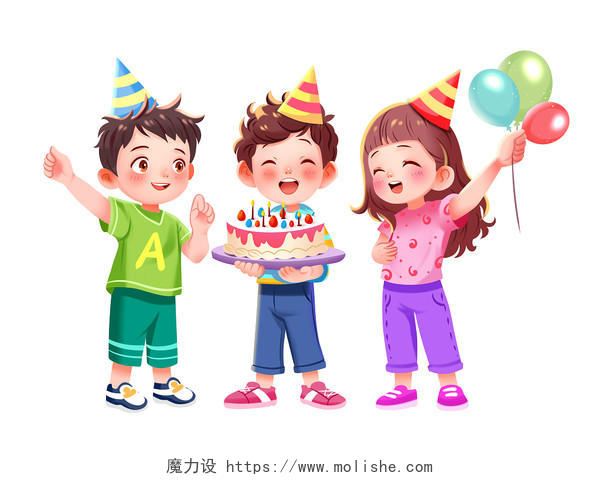 彩色卡通手绘三个小朋友庆祝生日原创插画元素